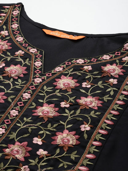 Indo Era Black Embroidered Straight Kurta Trousers With Dupatta  Set