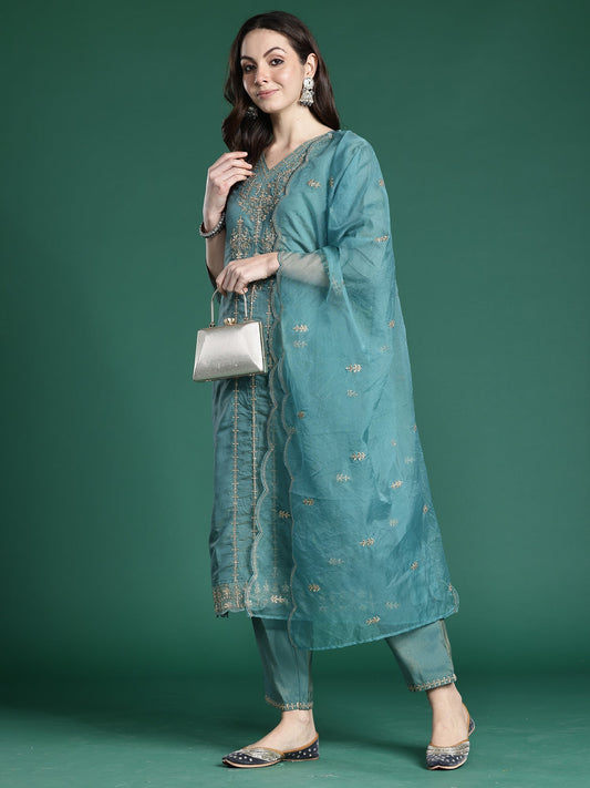 Blue Embroidered Straight Kurta Trousers With Dupatta Set