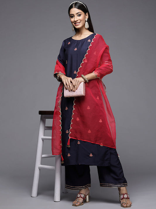 Indo Era Blue Embroidered Straight Kurta Palazzos With Dupatta Set