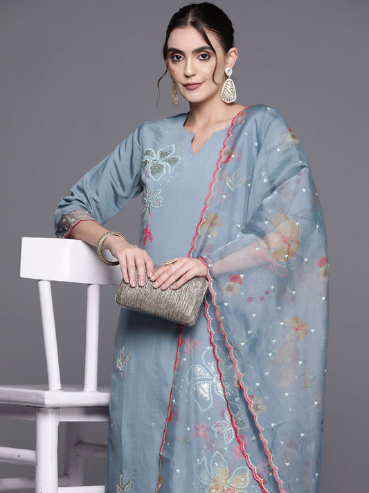 Indo Era Blue Embroidered Straight Kurta Trousers With Dupatta Set