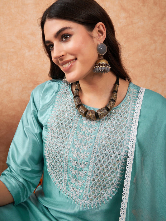 Indo Era Blue Embroidered Straight Kurta Trousers With Dupatta Set