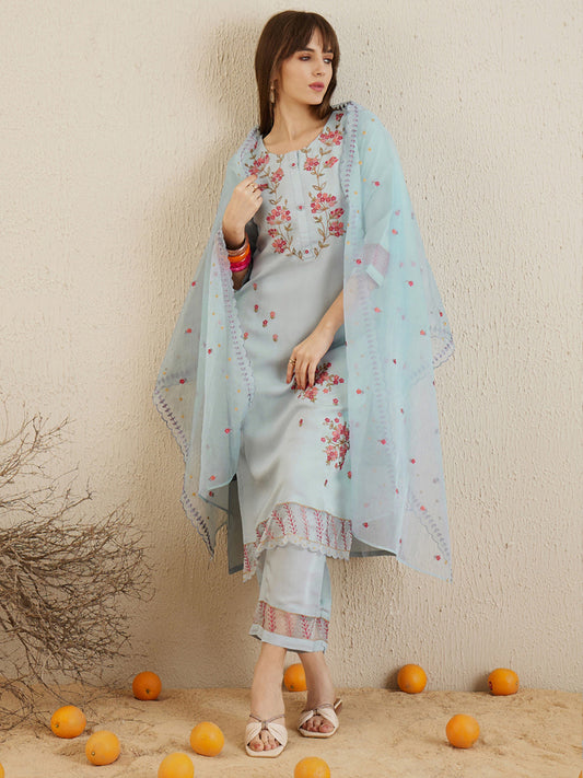 Indo Era Blue Embroidered Straight Kurta Trousers With Dupatta set
