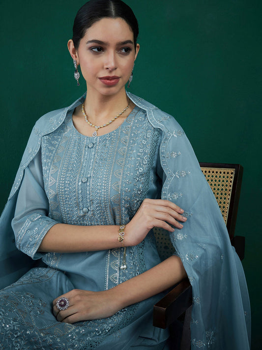 Indo Era Blue Embroidered Straight Kurta Trousers With Dupatta set