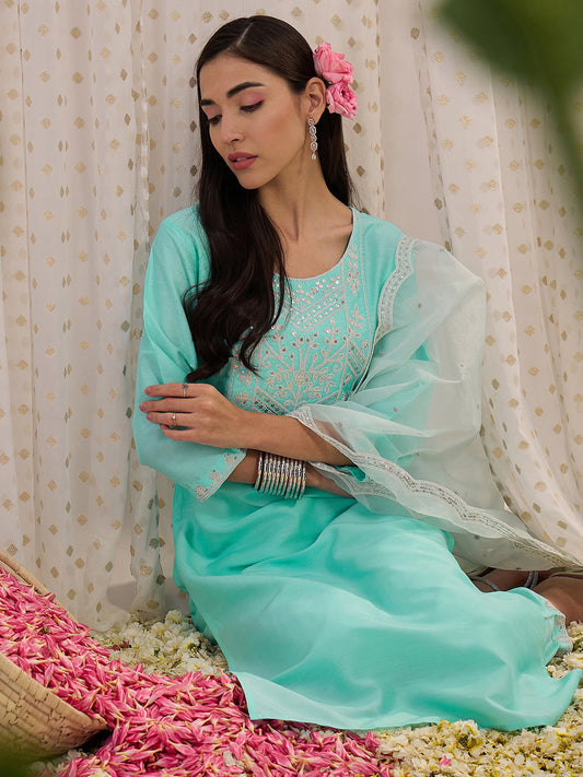 Indo Era Blue Embroidered Straight Kurta Trousers With Dupatta set