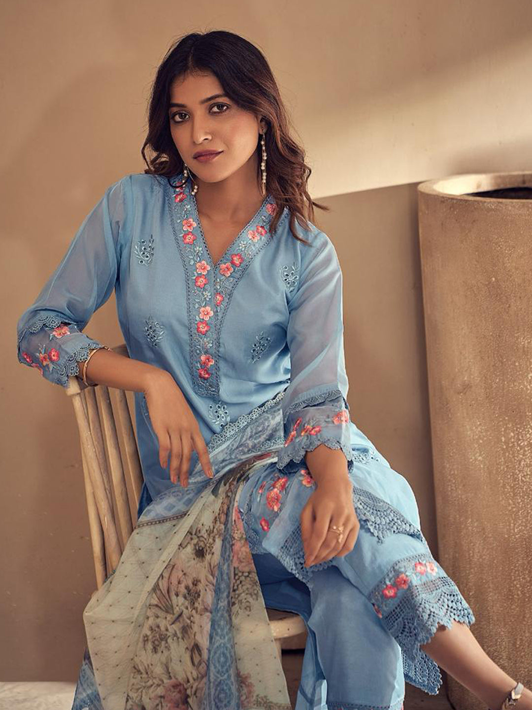 Blue Embroidered Straight Kurta Trousers With Dupatta set