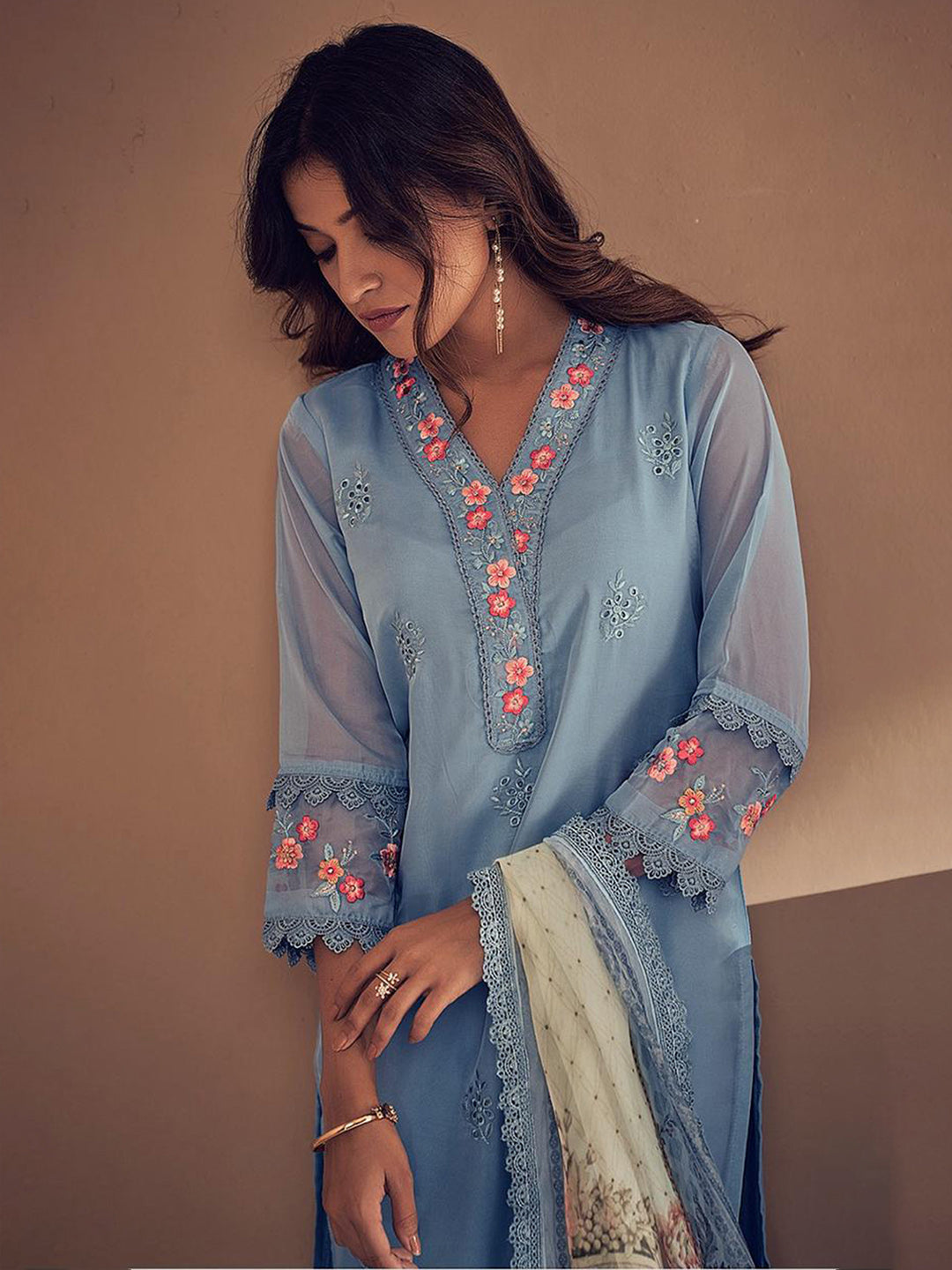 Blue Embroidered Straight Kurta Trousers With Dupatta set