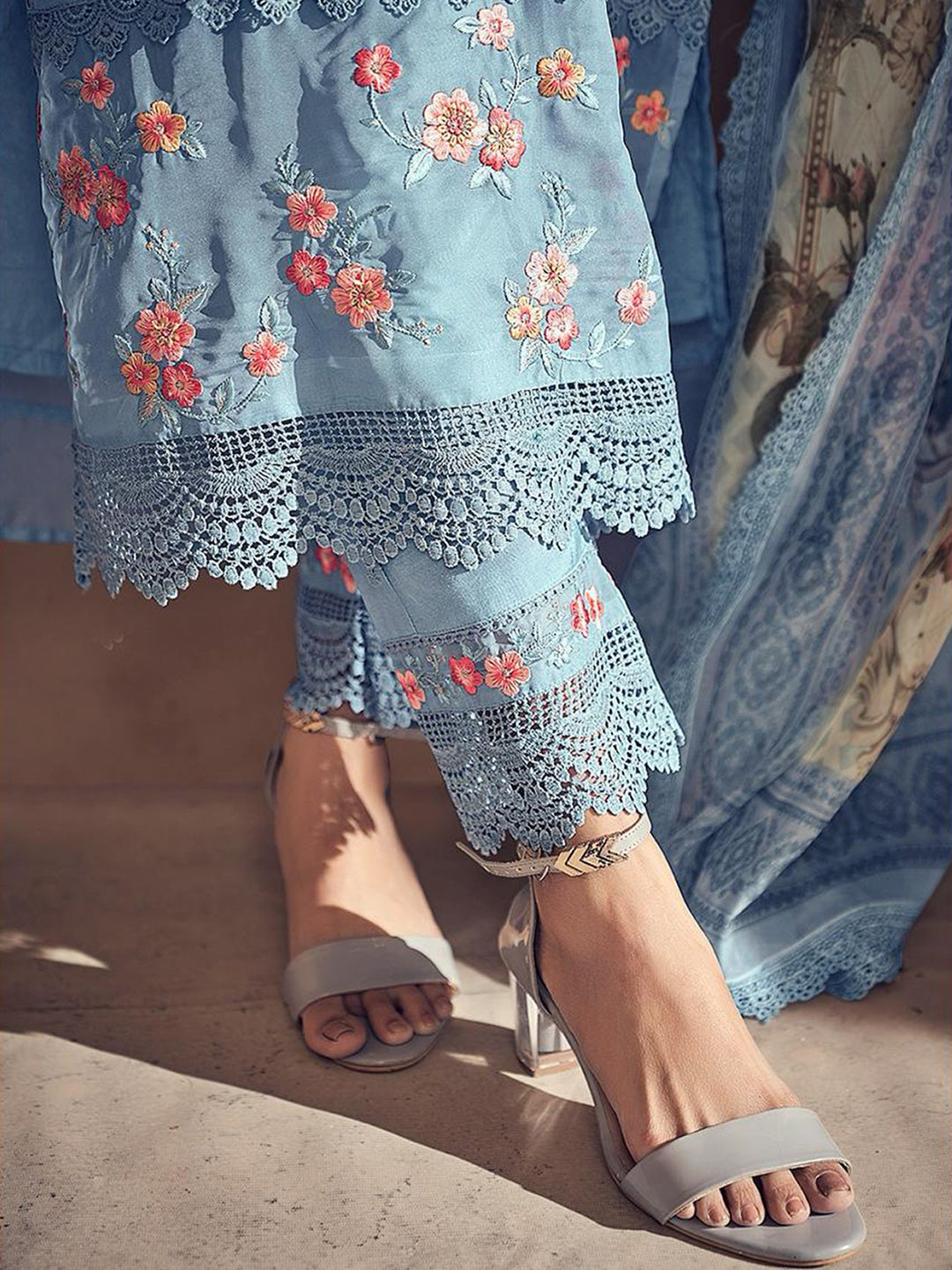 Blue Embroidered Straight Kurta Trousers With Dupatta set