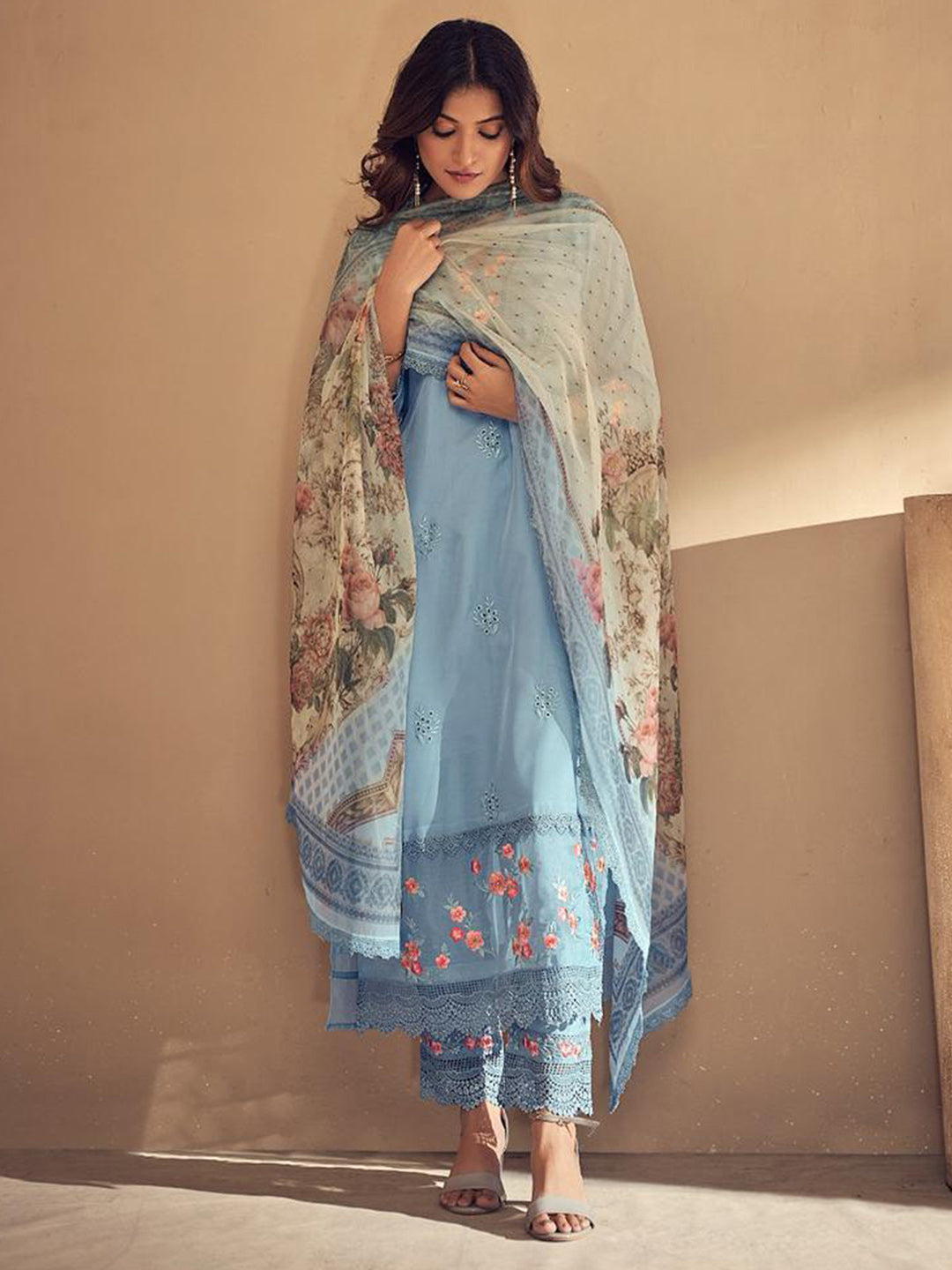 Blue Embroidered Straight Kurta Trousers With Dupatta set