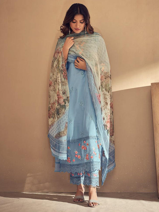 Blue Embroidered Straight Kurta Trousers With Dupatta set