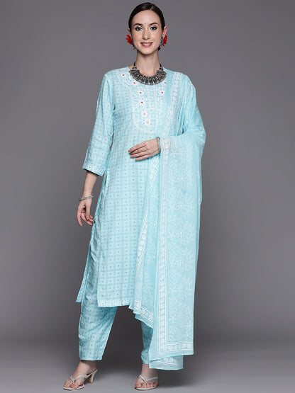 Indo Era Blue Embroidered Straight Kurta Trousers With Dupatta Set