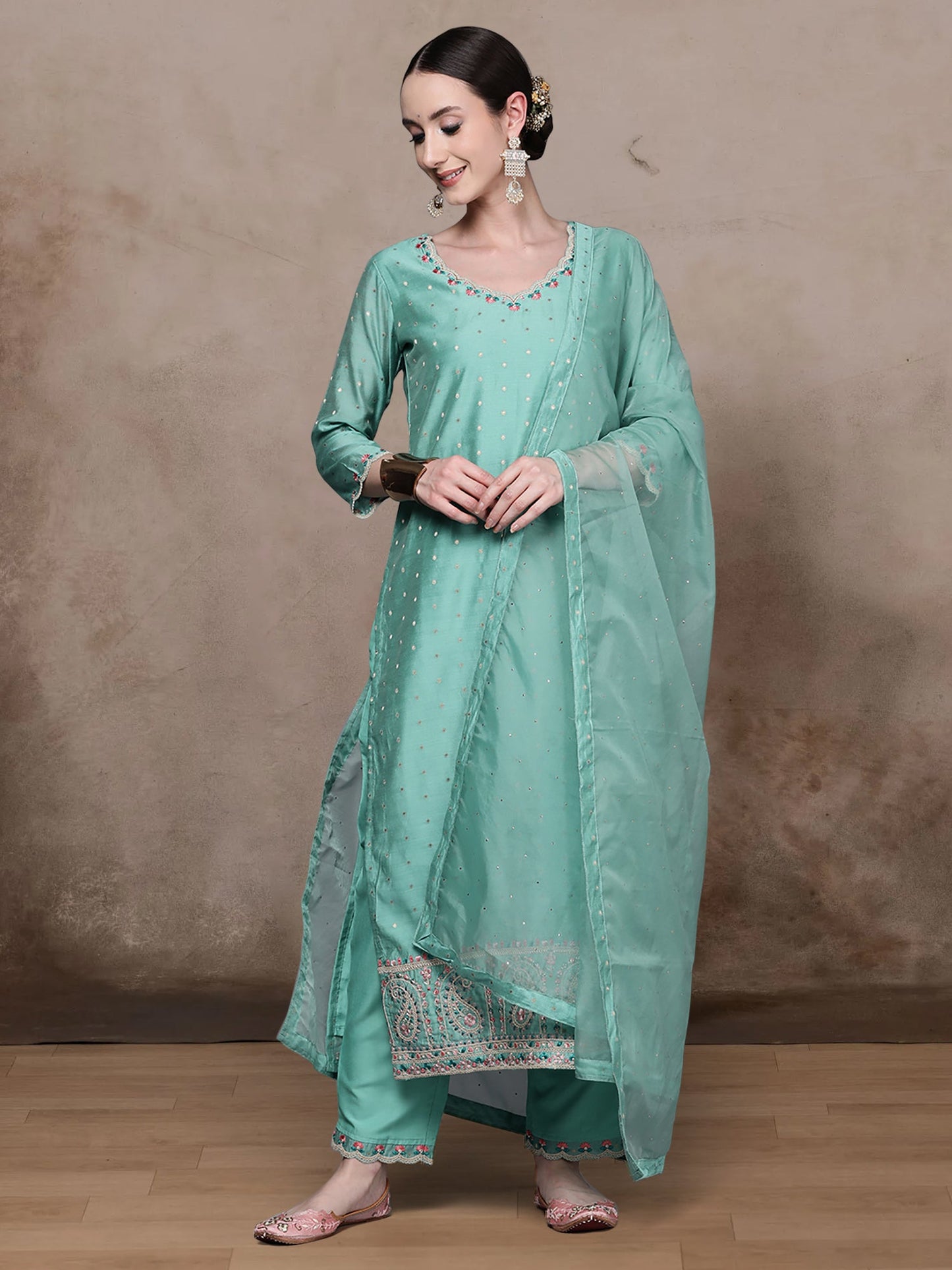 Blue Embroidered Straight Kurta Trousers With Dupatta Set