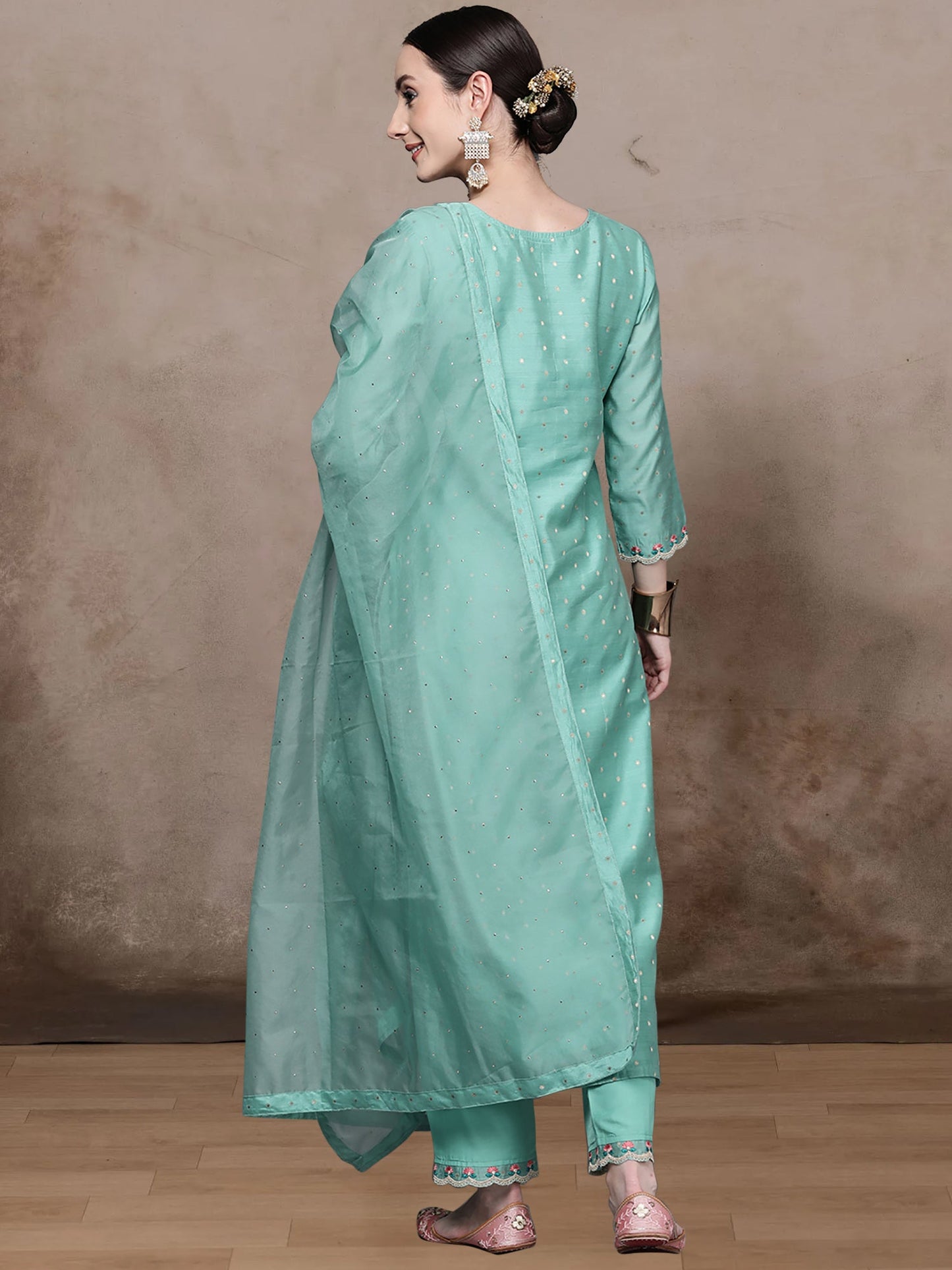 Blue Embroidered Straight Kurta Trousers With Dupatta Set