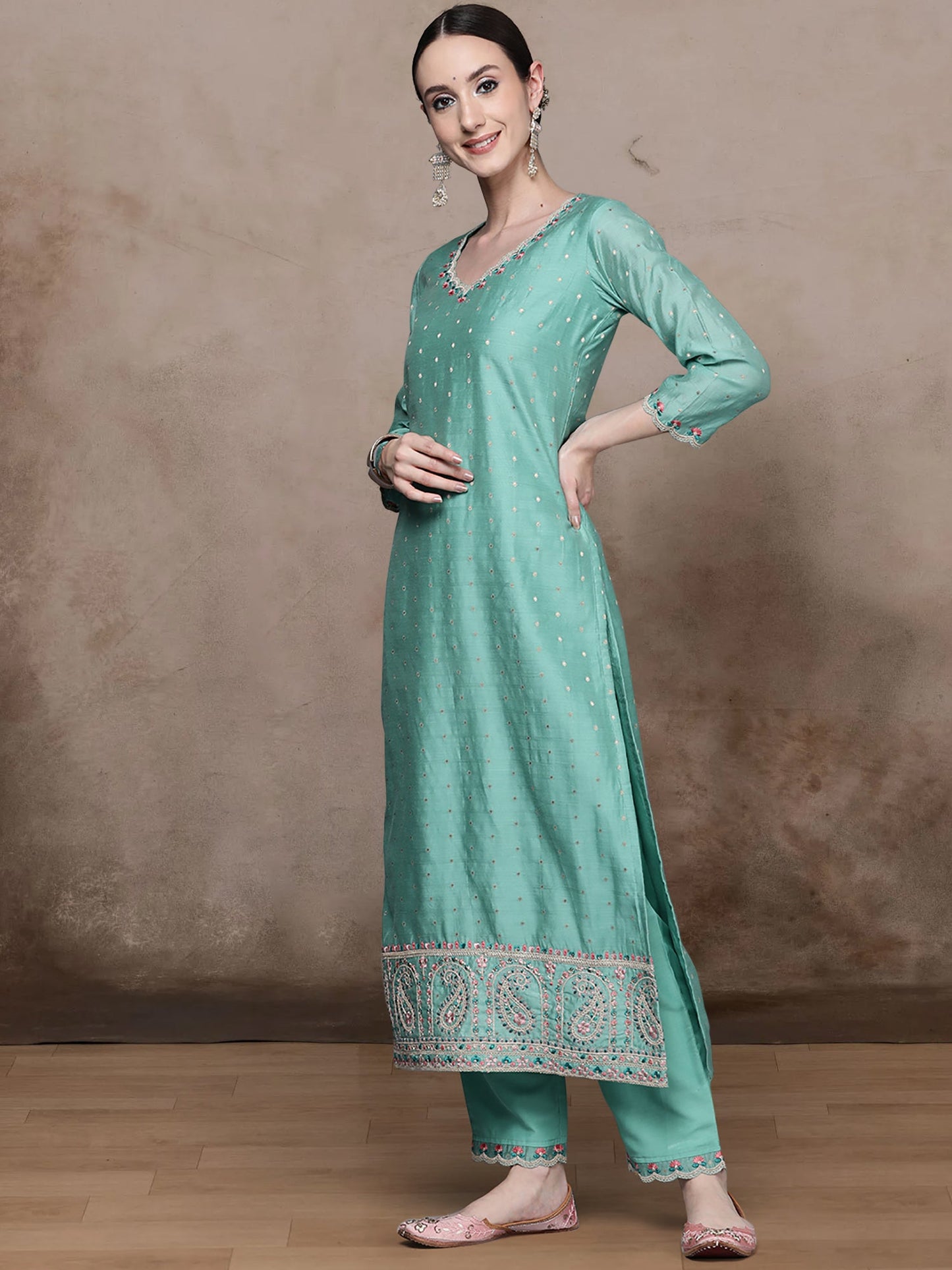Blue Embroidered Straight Kurta Trousers With Dupatta Set