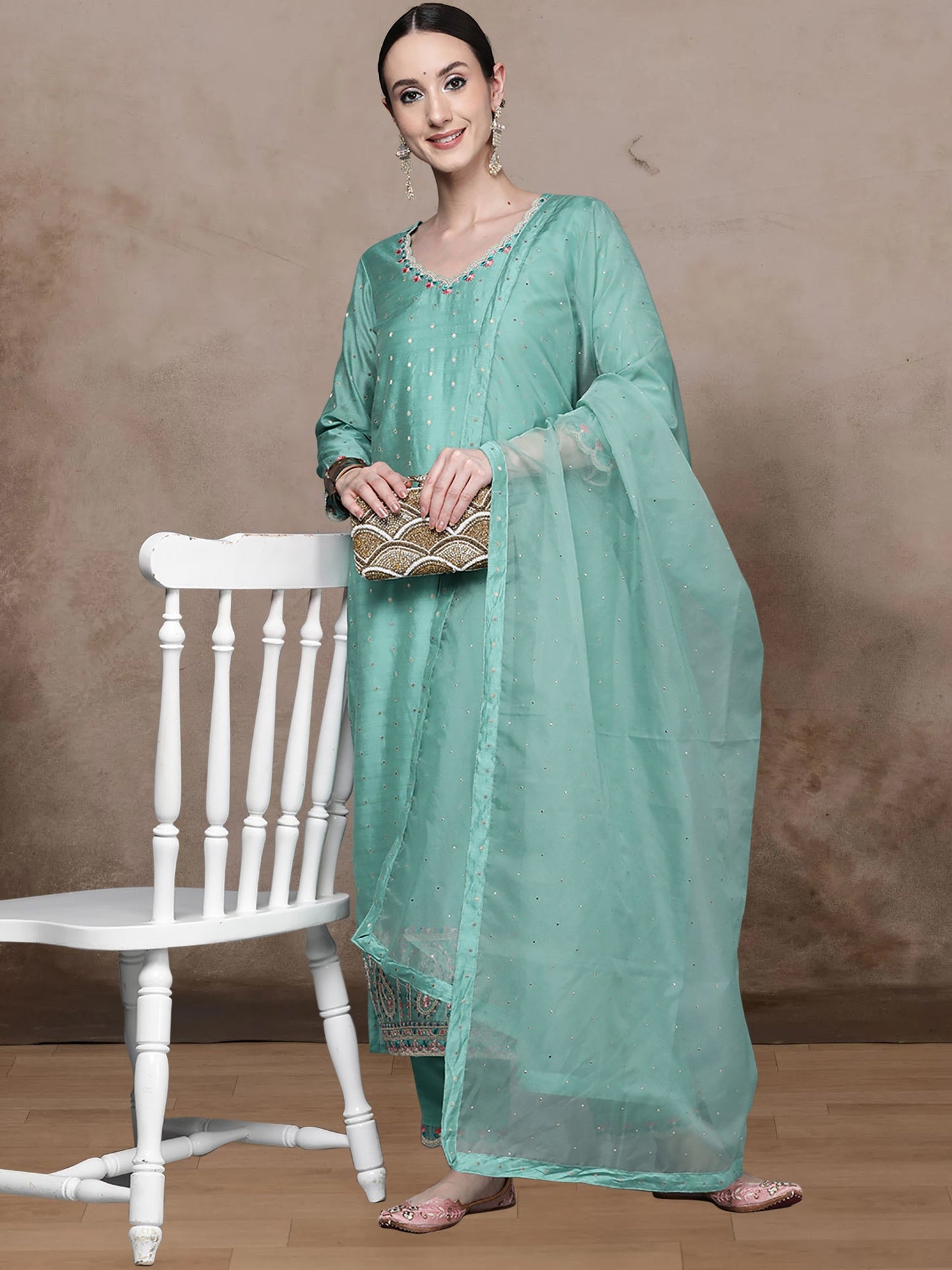 Blue Embroidered Straight Kurta Trousers With Dupatta Set