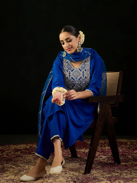 Indo Era Blue Embroidered Straight Kurta Trousers With Dupatta set