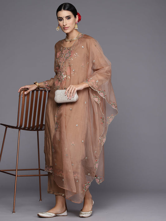 Brown Embroidered Straight Kurta Trousers With Dupatta Set