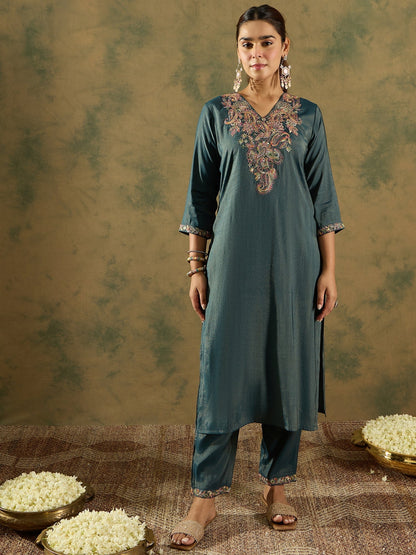 Indo Era Green Embroidered Straight Kurta Trousers With Dupatta Set