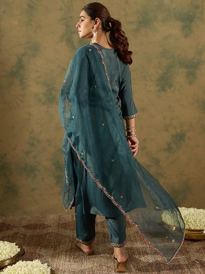 Indo Era Green Embroidered Straight Kurta Trousers With Dupatta Set