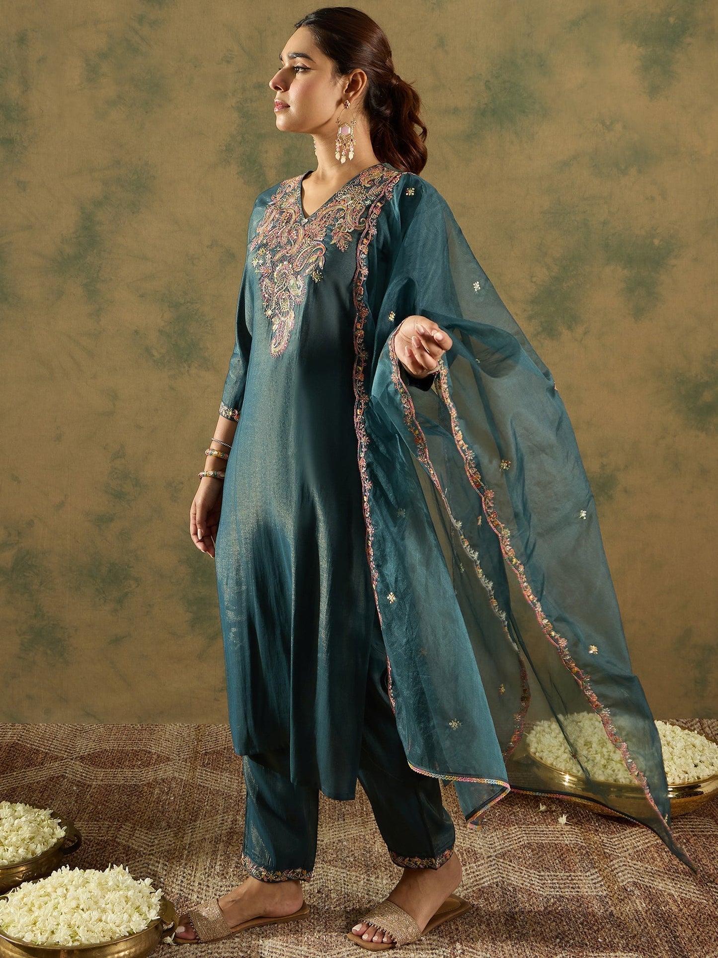 Indo Era Green Embroidered Straight Kurta Trousers With Dupatta Set