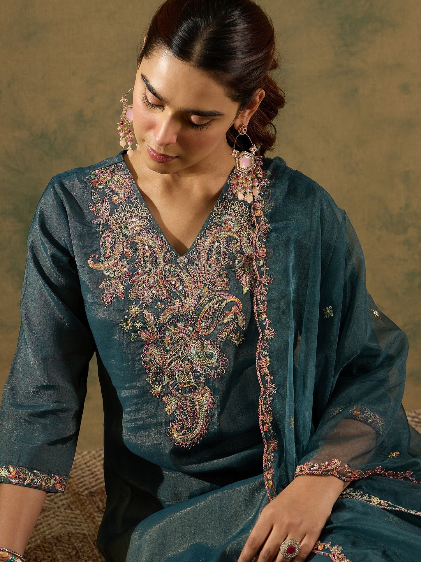 Indo Era Green Embroidered Straight Kurta Trousers With Dupatta Set