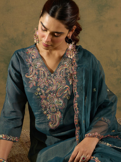 Indo Era Green Embroidered Straight Kurta Trousers With Dupatta Set