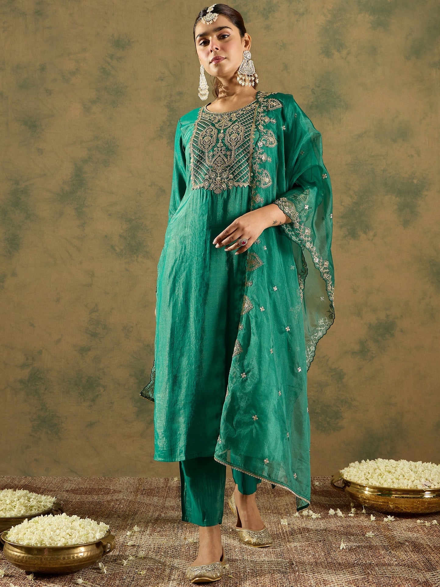 Indo Era Green Embroidered Straight Kurta Trousers With Dupatta Set