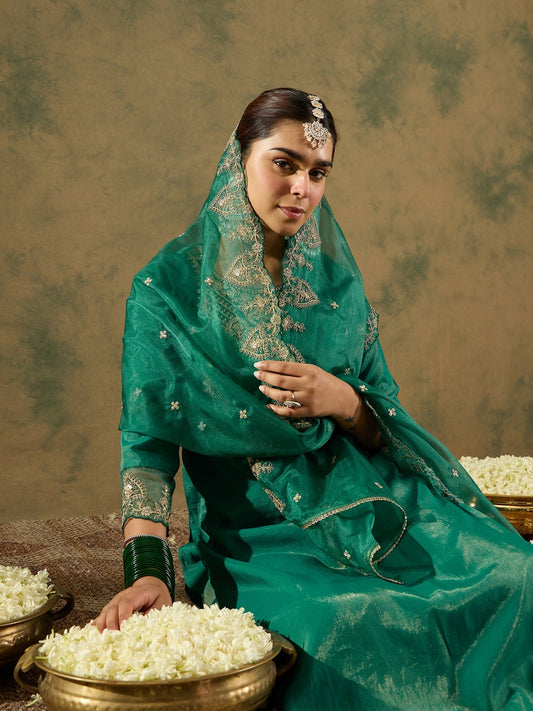 Indo Era Green Embroidered Straight Kurta Trousers With Dupatta Set