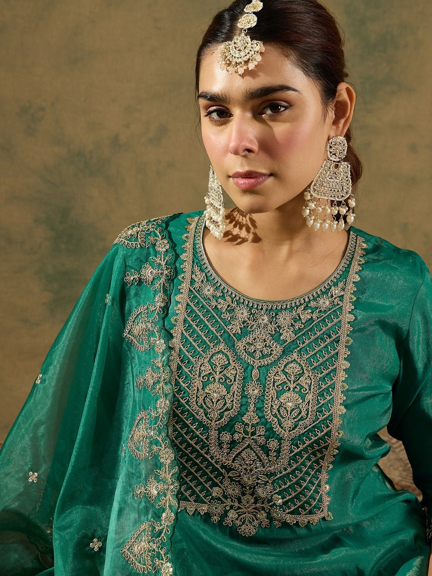 Indo Era Green Embroidered Straight Kurta Trousers With Dupatta Set