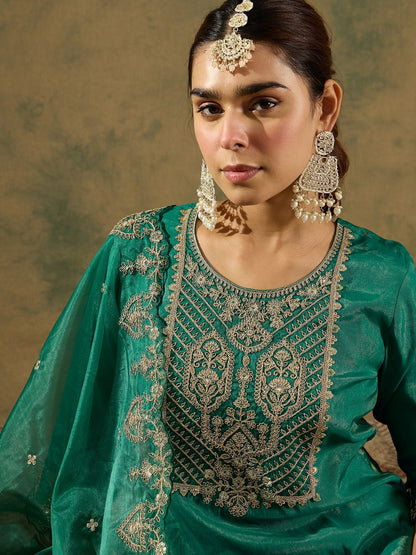 Indo Era Green Embroidered Straight Kurta Trousers With Dupatta Set