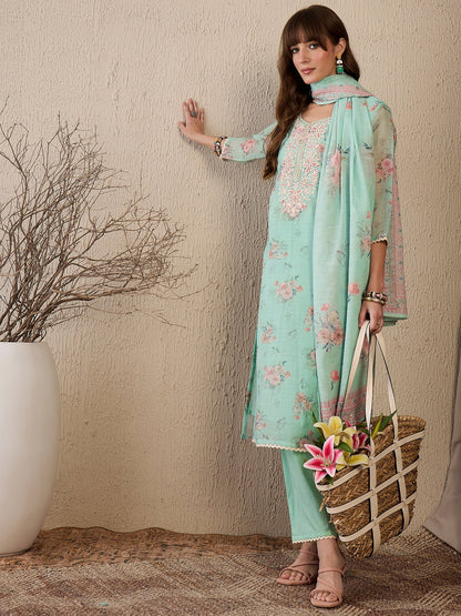 Indo Era Green Embroidered Straight Kurta Trousers With Dupatta Set