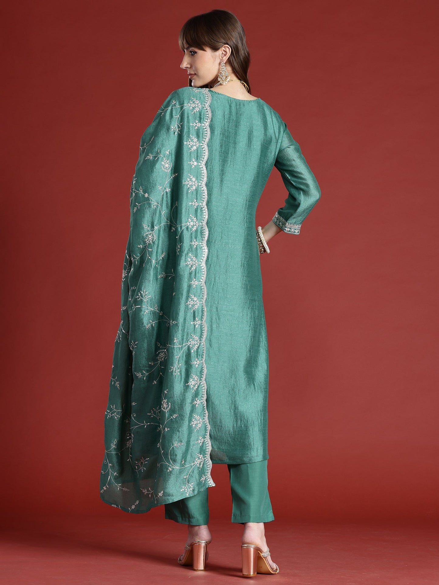 Indo Era Green Embroidered Straight Kurta Trousers With Dupatta Set