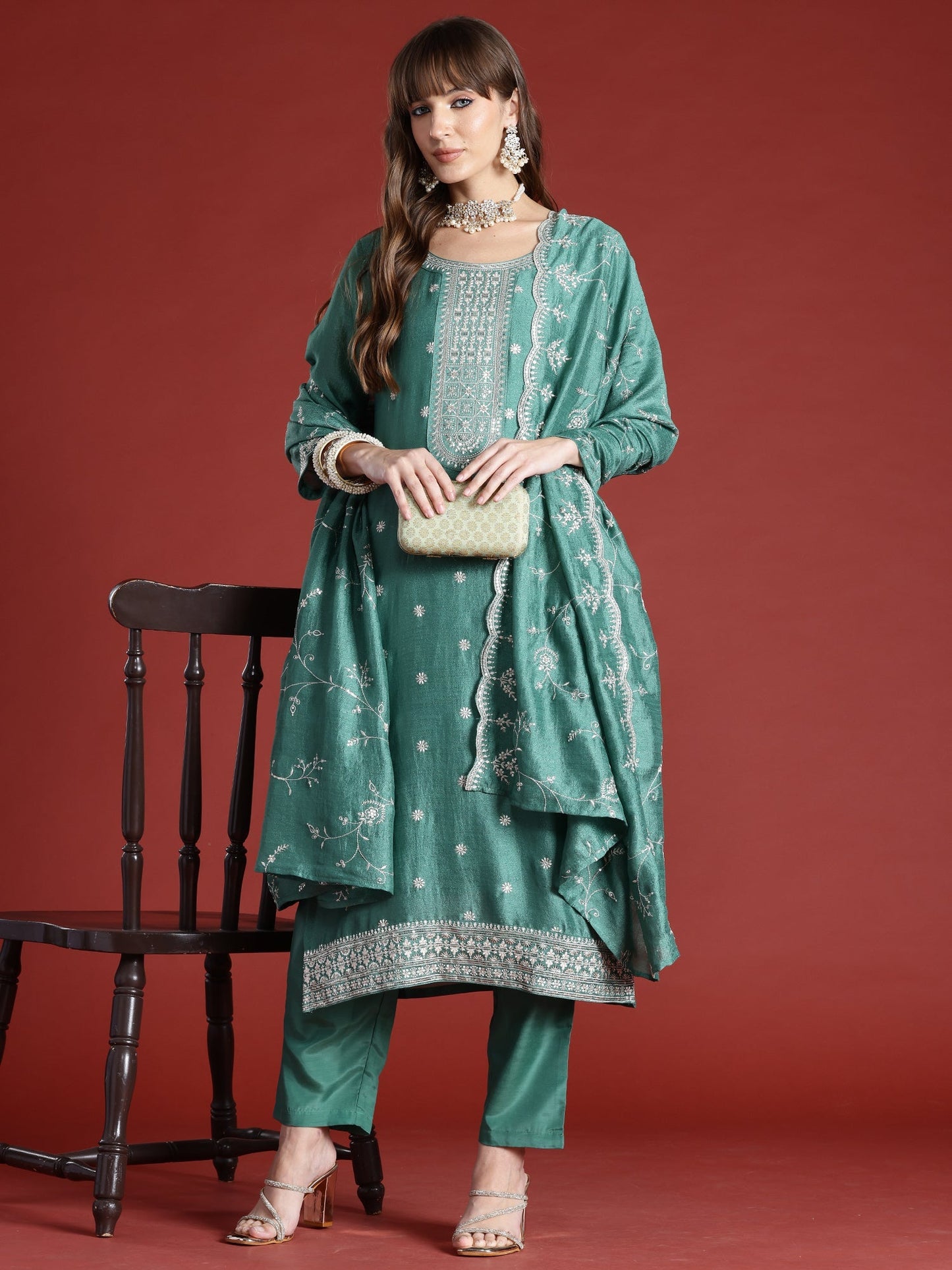 Indo Era Green Embroidered Straight Kurta Trousers With Dupatta Set