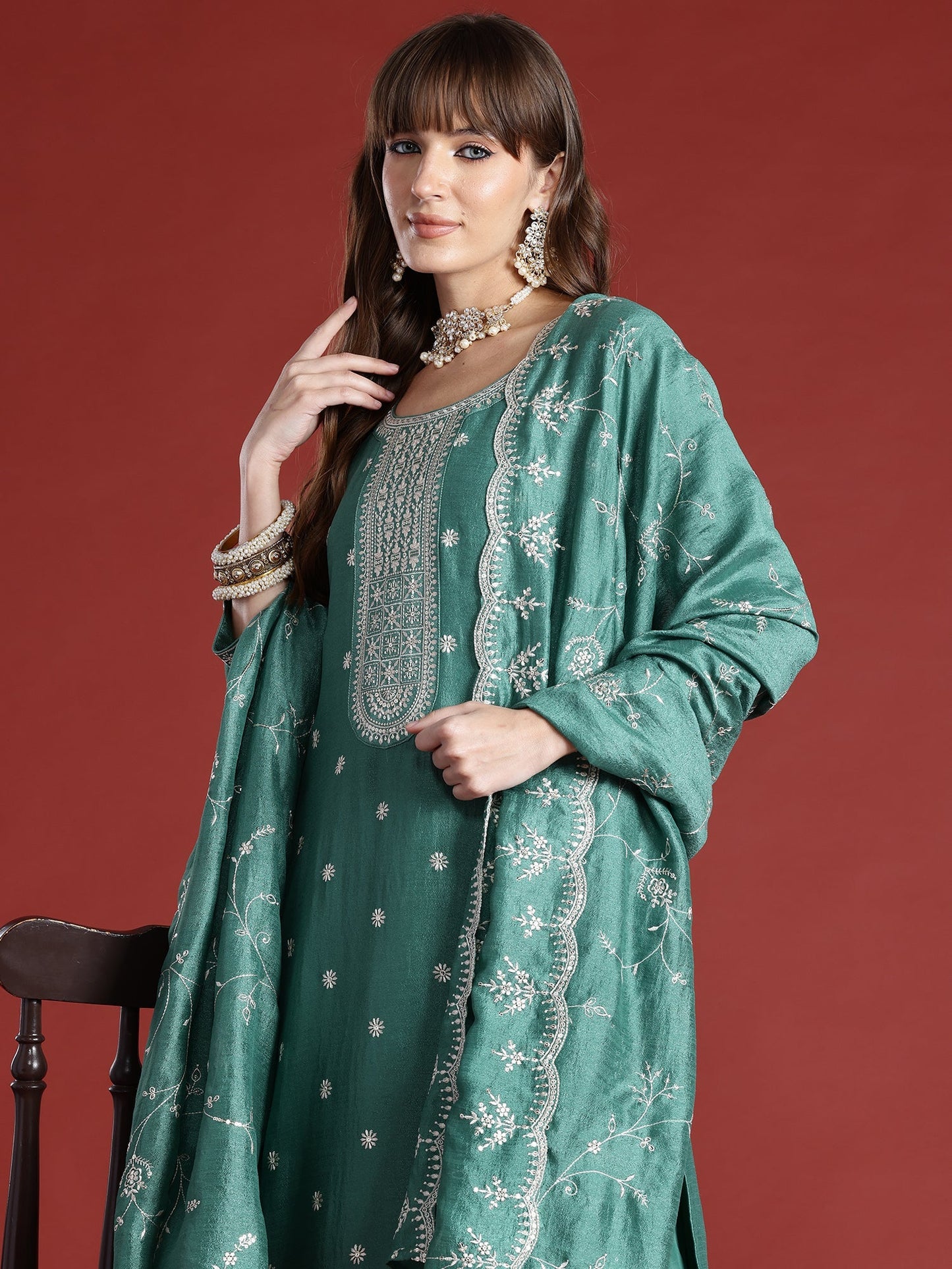 Indo Era Green Embroidered Straight Kurta Trousers With Dupatta Set