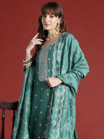 Indo Era Green Embroidered Straight Kurta Trousers With Dupatta Set