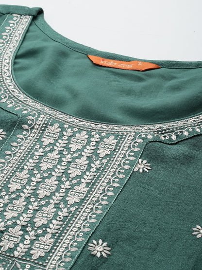 Indo Era Green Embroidered Straight Kurta Trousers With Dupatta Set