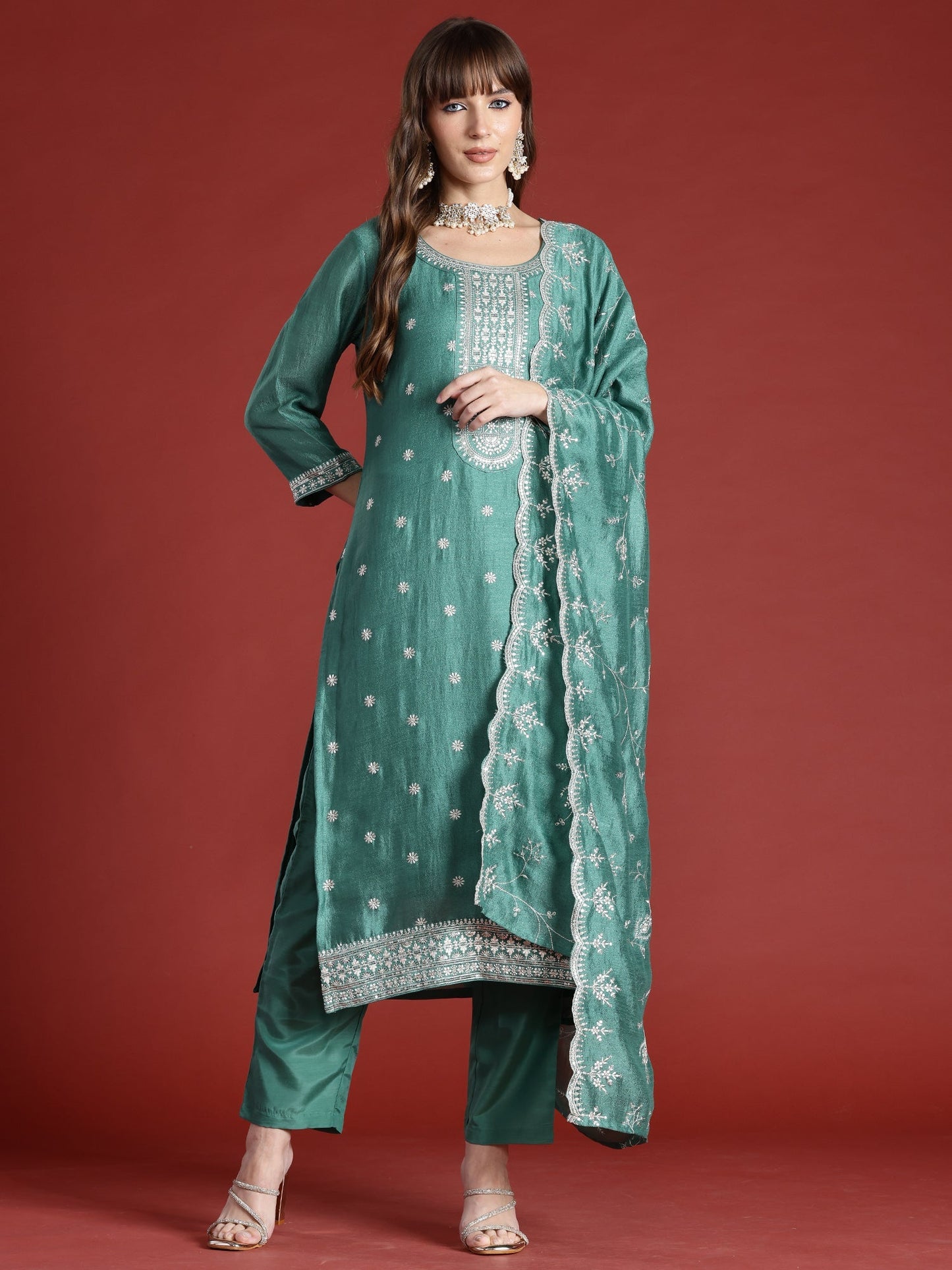 Indo Era Green Embroidered Straight Kurta Trousers With Dupatta Set