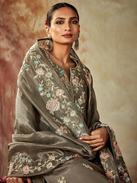 Indo Era Green Embroidered Straight Kurta Trousers With Dupatta set