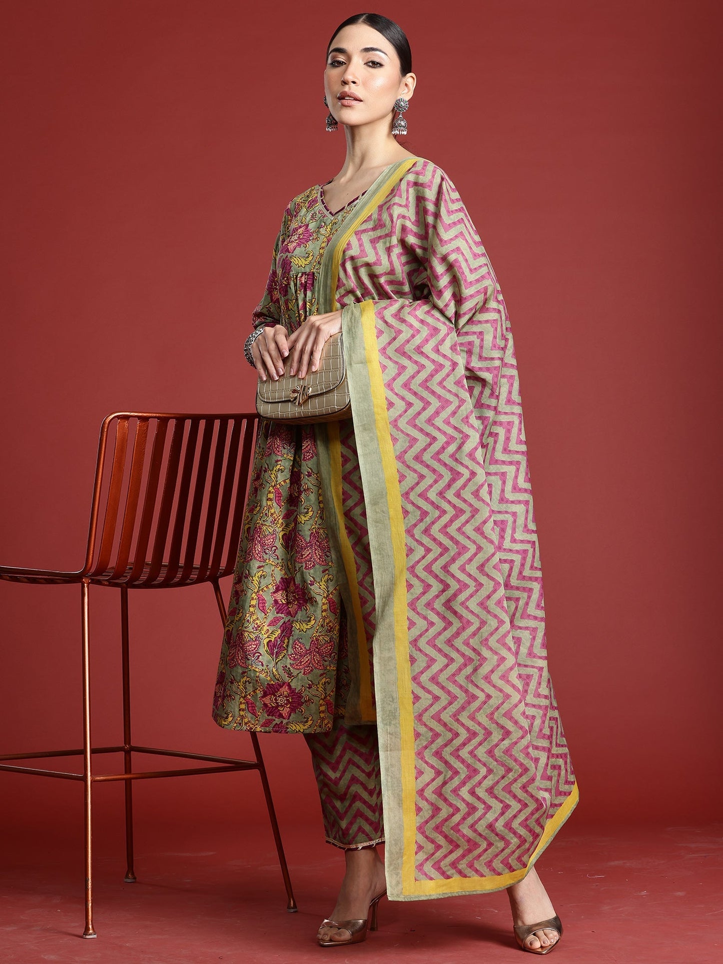 Indo Era Grey Printed Straight Kurta Trousers With Dupatta Set