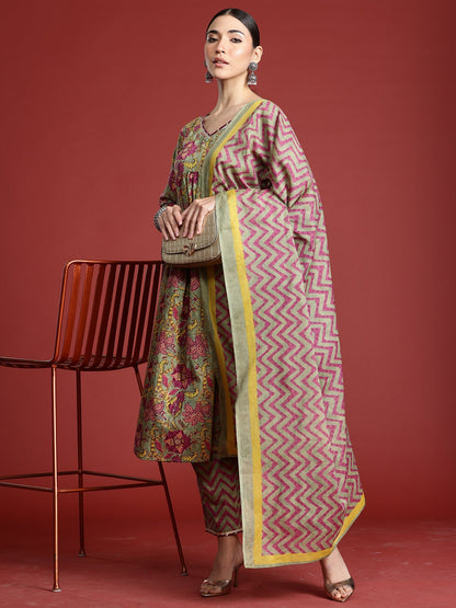 Indo Era Grey Printed Straight Kurta Trousers With Dupatta Set