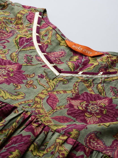 Indo Era Grey Printed Straight Kurta Trousers With Dupatta Set