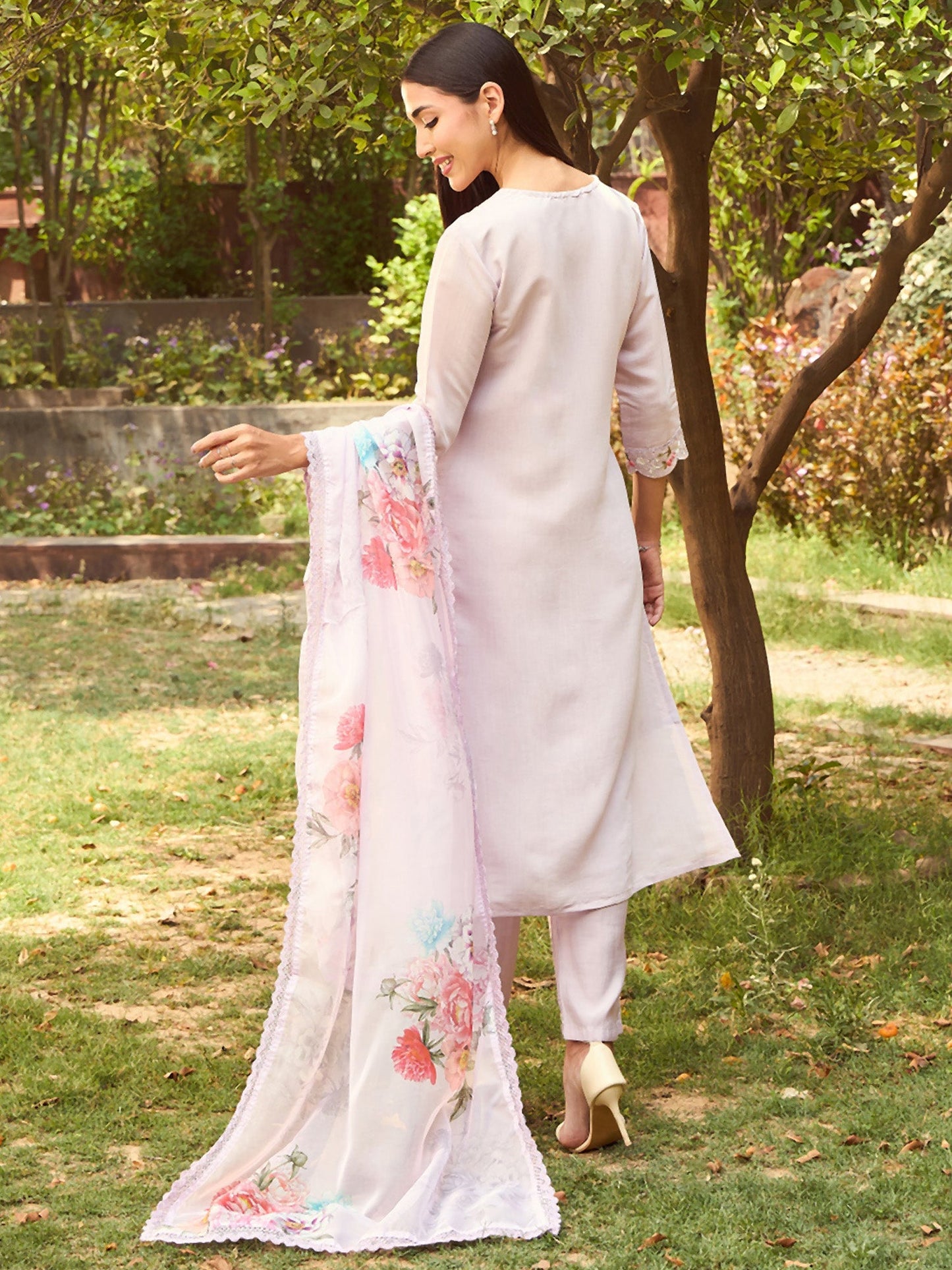 Lavender Embroidered Straight Kurta Trousers With Dupatta set