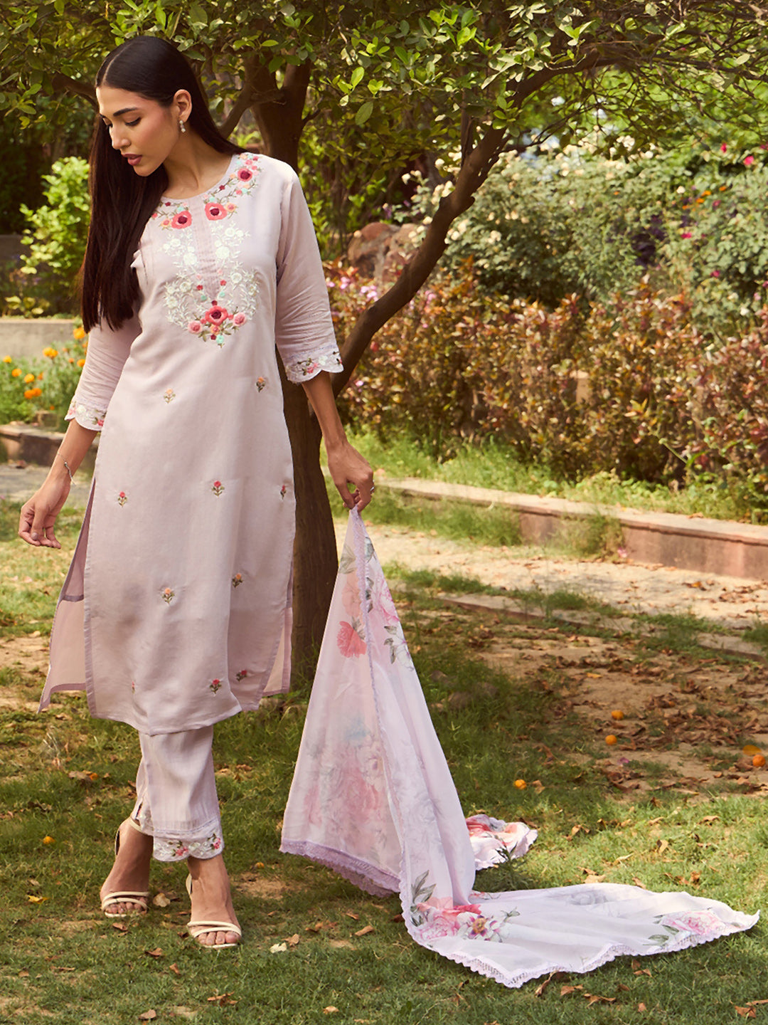 Lavender Embroidered Straight Kurta Trousers With Dupatta set