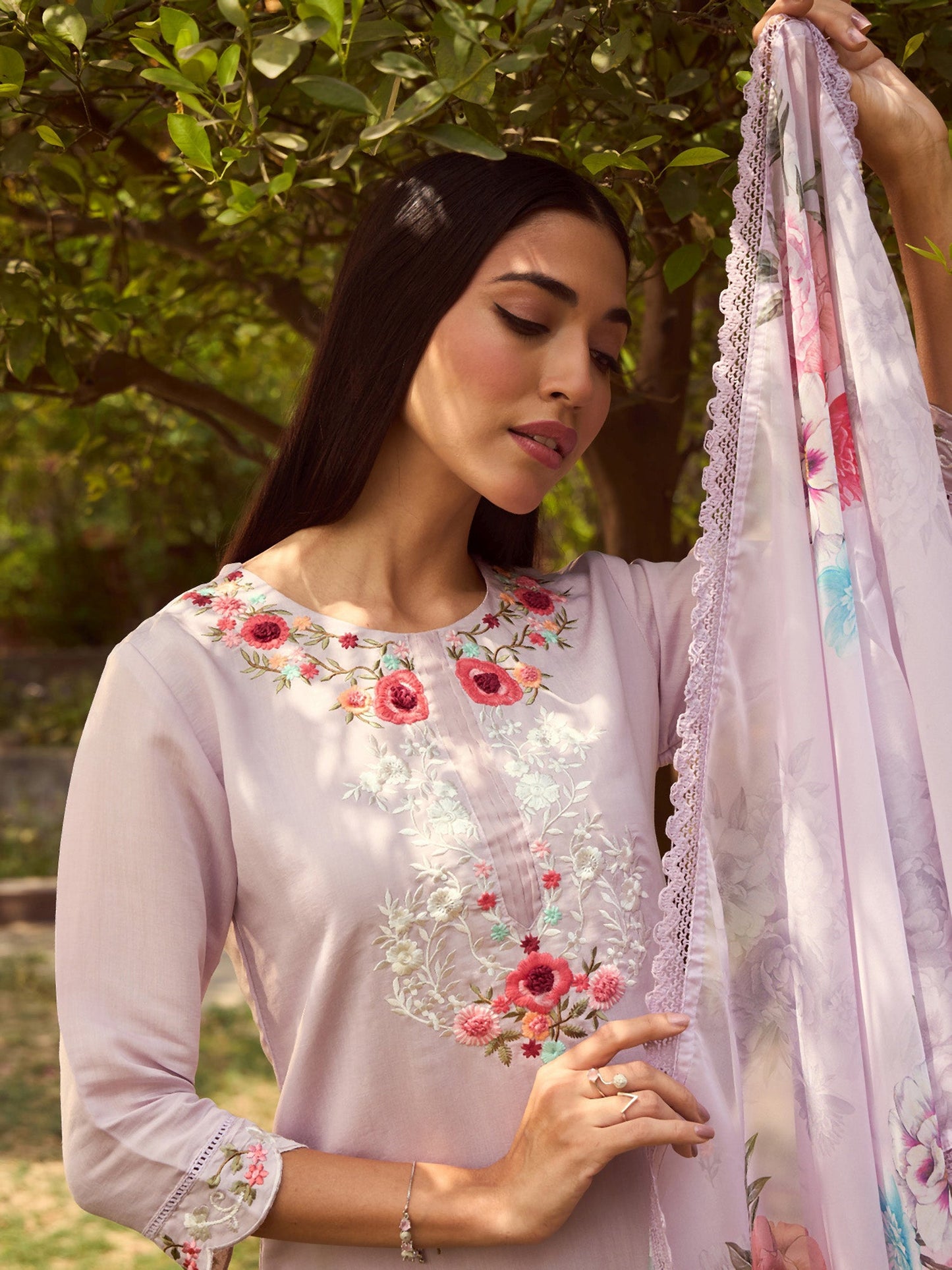 Lavender Embroidered Straight Kurta Trousers With Dupatta set