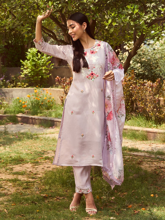 Lavender Embroidered Straight Kurta Trousers With Dupatta set