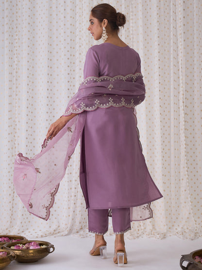 Indo Era Lavender Embroidered Straight Kurta Trousers With Dupatta set