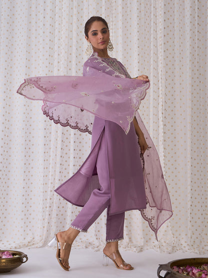 Indo Era Lavender Embroidered Straight Kurta Trousers With Dupatta set