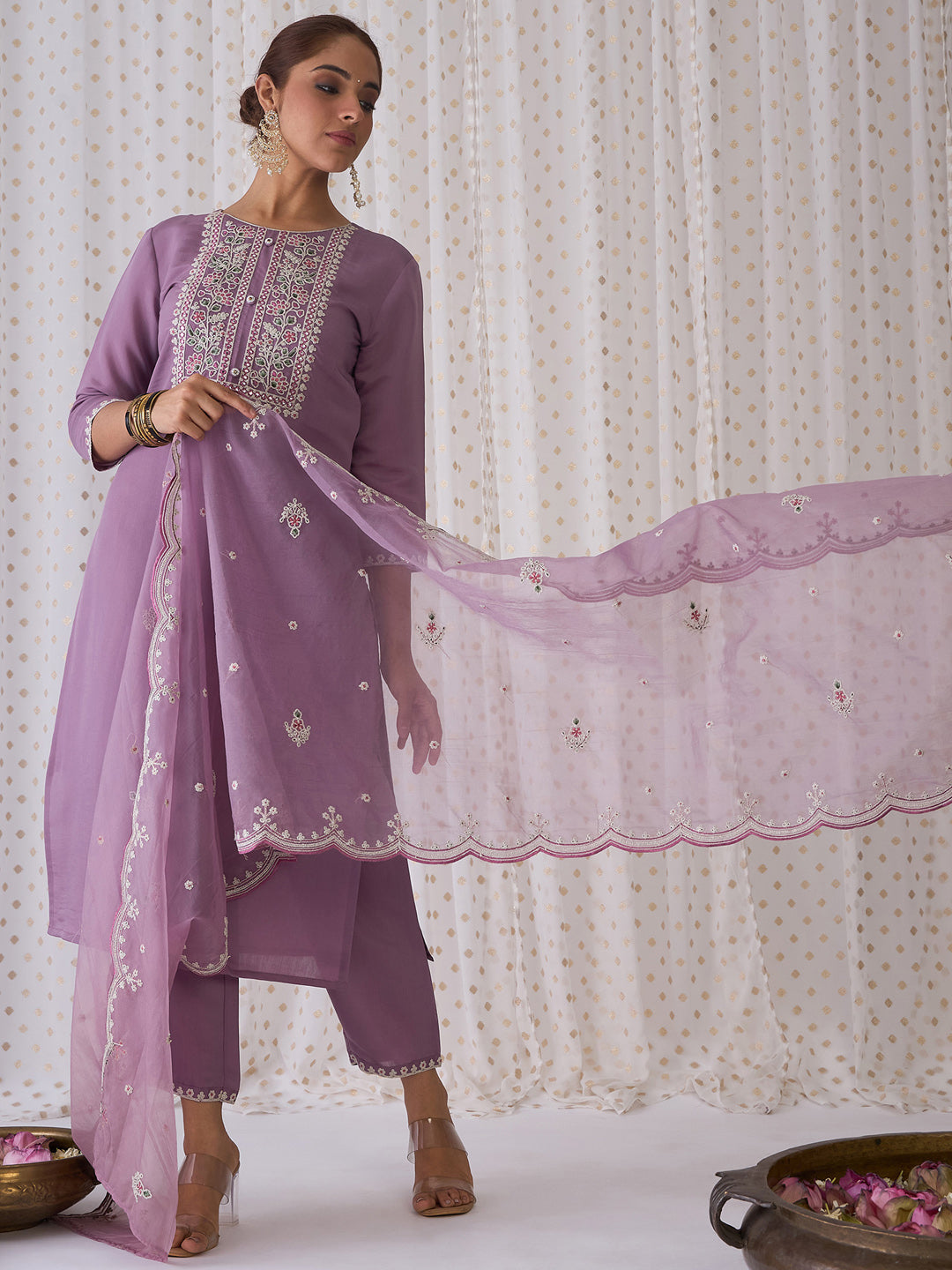 Indo Era Lavender Embroidered Straight Kurta Trousers With Dupatta set