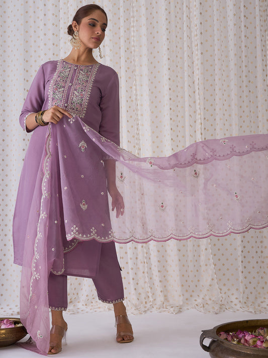 Indo Era Lavender Embroidered Straight Kurta Trousers With Dupatta set