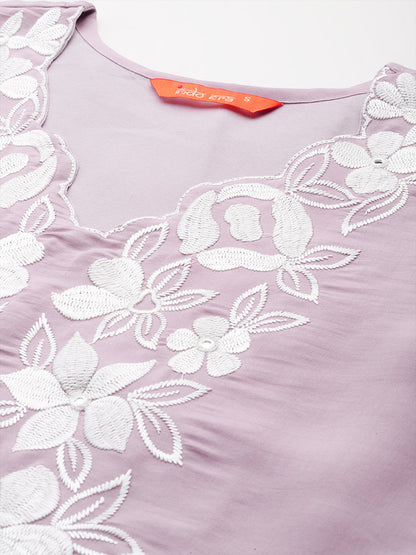 Indo Era Lavender Embroidered Straight Kurta Trousers With Dupatta set