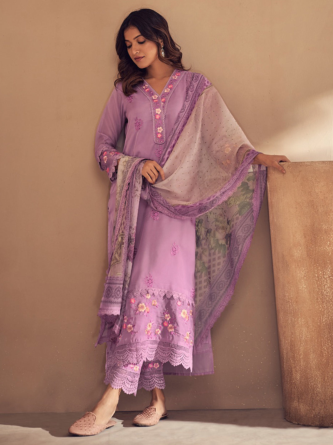 Lavender Embroidered Straight Kurta Trousers With Dupatta set